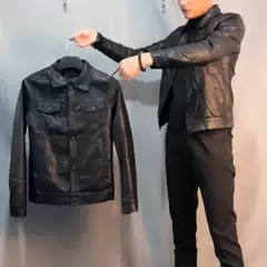 Short, Cool, Trendy, Thickened Motorcycle Pu Leather Jacket, Social Spirit Guy, Slim Fit, Eye-Catching Lapel Jacket for Men