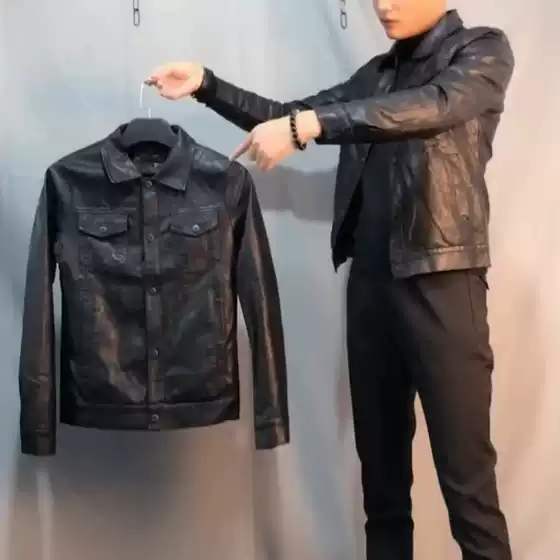 Short, Cool, Trendy, Thickened Motorcycle Pu Leather Jacket, Social Spirit Guy, Slim Fit, Eye-Catching Lapel Jacket for Men