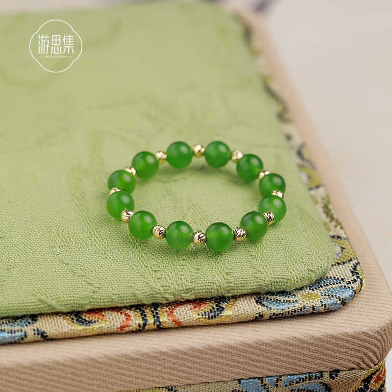 《春时叙》和田玉碧玉菠菜绿色小米珠戒指女翡翠玉石戒环新中式