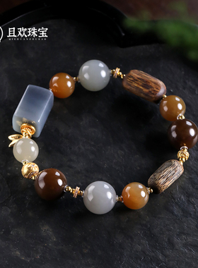 新疆青花和田玉手串链女款烟紫糖料设计感简约百搭银配饰新中式女