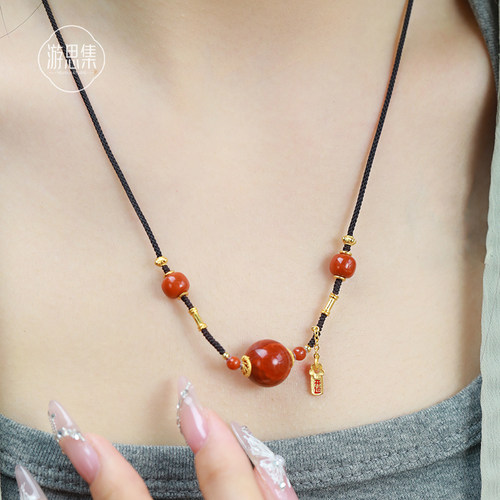 游思集南红玛瑙棉麻锁骨链女项链
