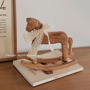 复古怀旧木马桌面摆件ins风纯手工木雕摇摇马家用客厅卧室装 饰品