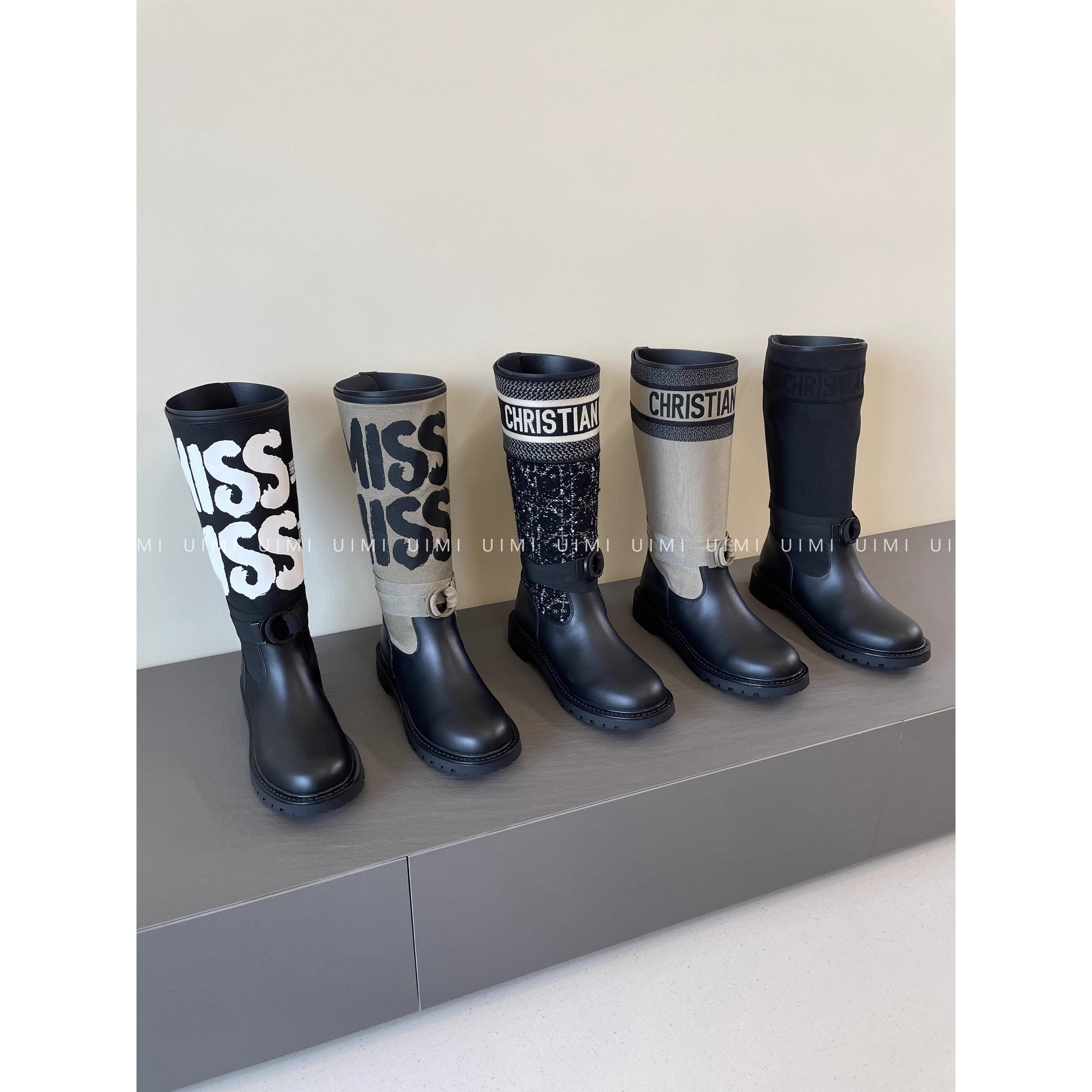 刺绣字母拼色厚底骑士靴