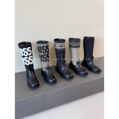 刺绣字母拼色厚底骑士靴