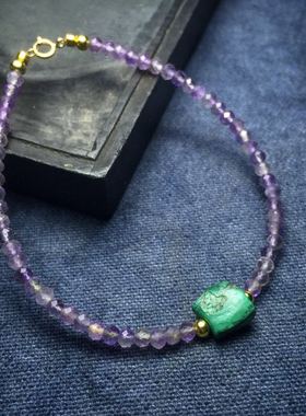 绿松石老珠子紫水晶文艺极细手链