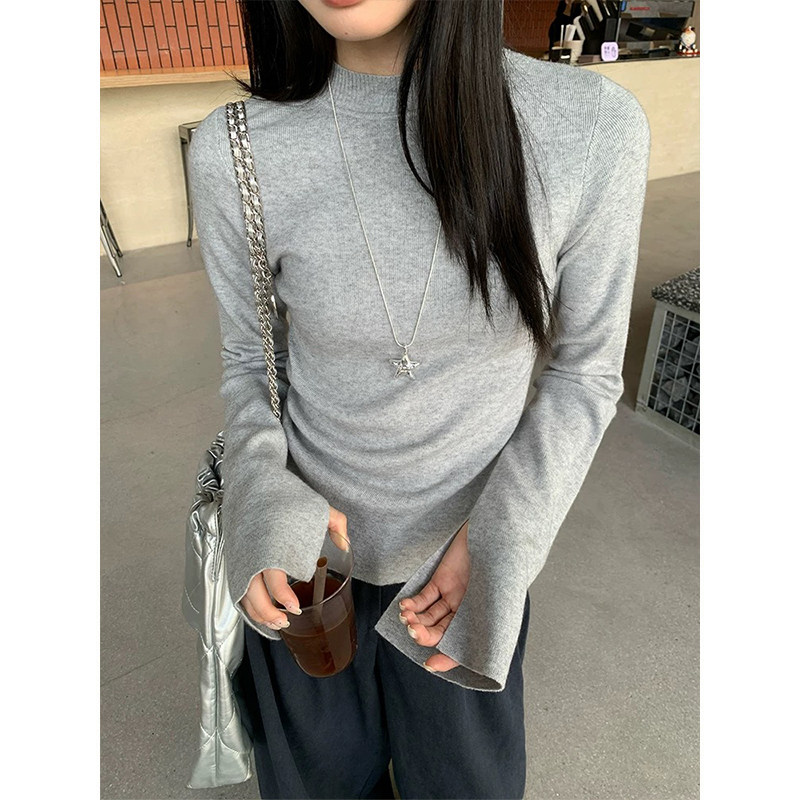 秋冬韩系不规则设计感长款开叉半高领针织衫女露肩打底上衣打底衫