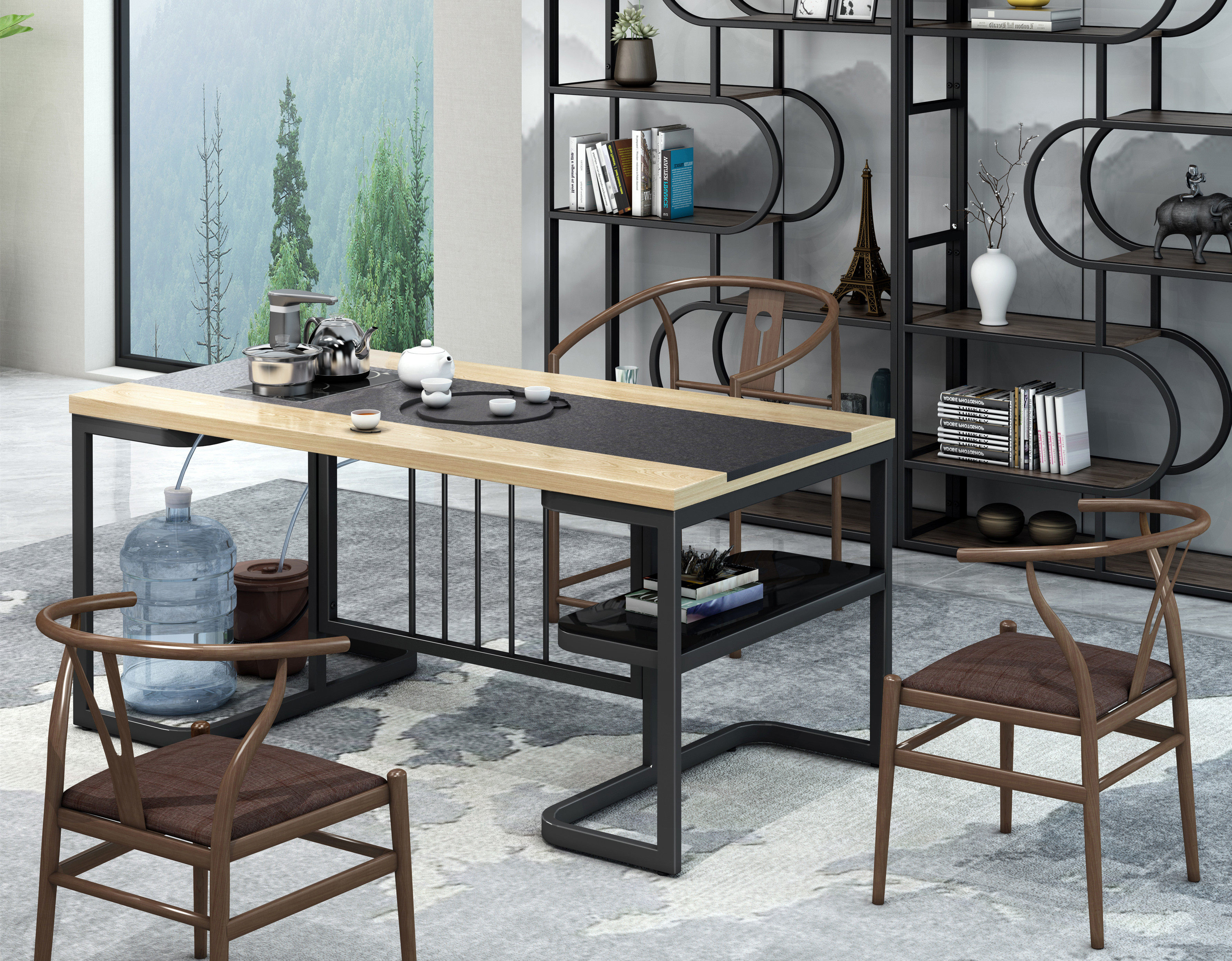 格诺瓦办公茶几天然岩石功夫茶台现代泡茶桌椅组合喝茶桌带电磁炉