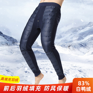 冬中老年加绒加厚棉裤 防风护膝前后白鸭绒大码 内穿羽绒保暖裤 男士