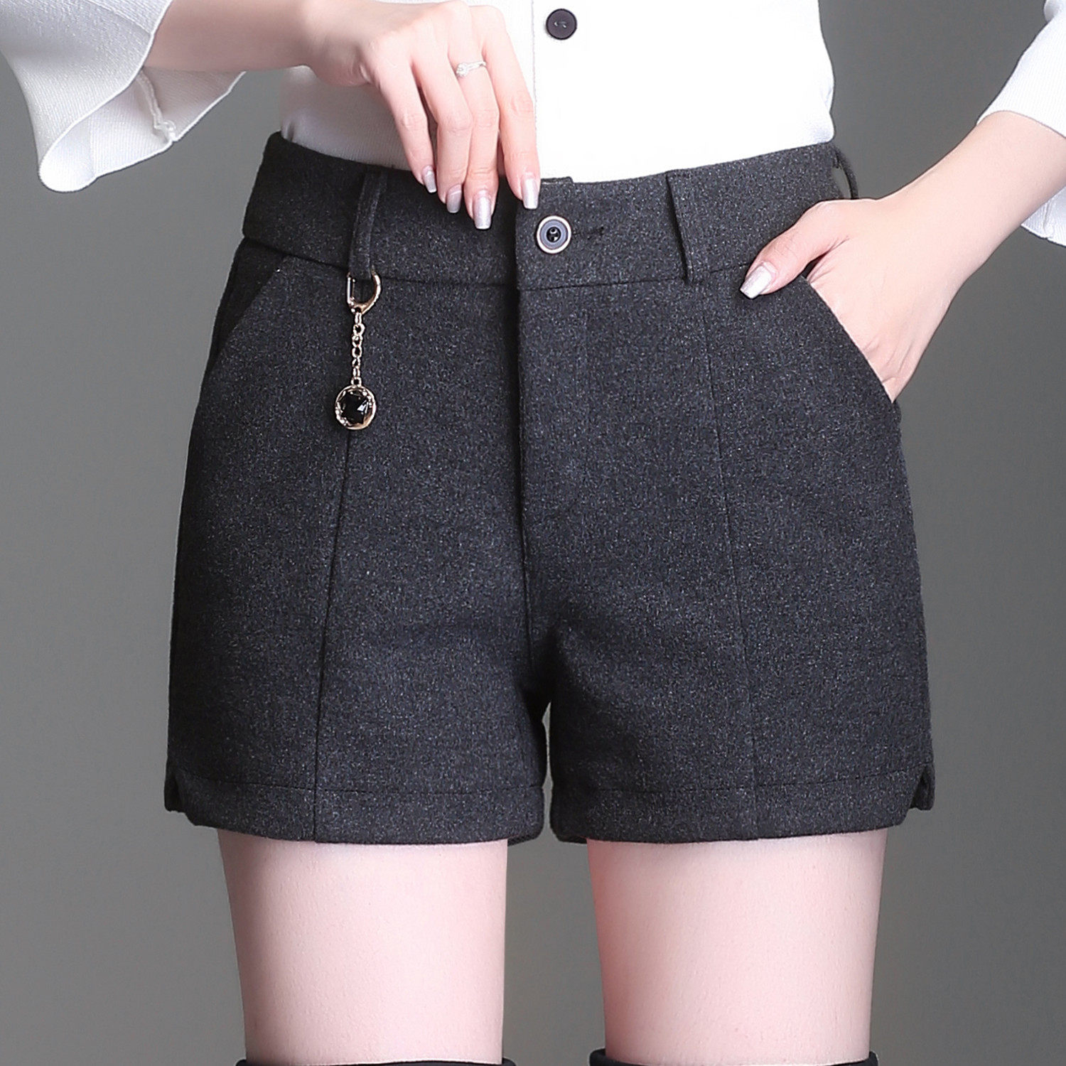 秋冬高腰大码宽松显瘦西装休闲加厚毛呢短裤女妈妈外穿打底靴裤