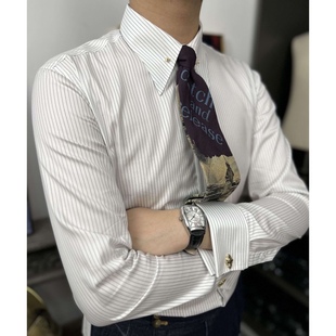 谢尔比同款纯棉高定款高支帝国领针细条男士修身长袖法式袖扣衬衫