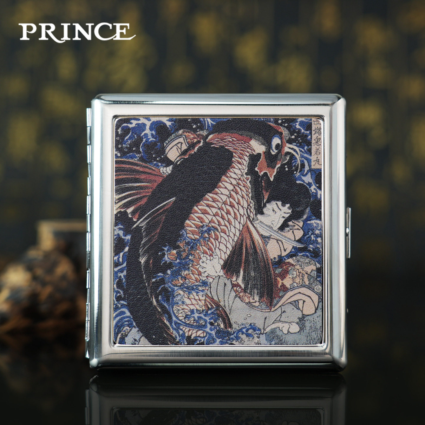 prince王子烟盒金属真皮浮世绘便携防压粗烟专用20支双层烟夹复古