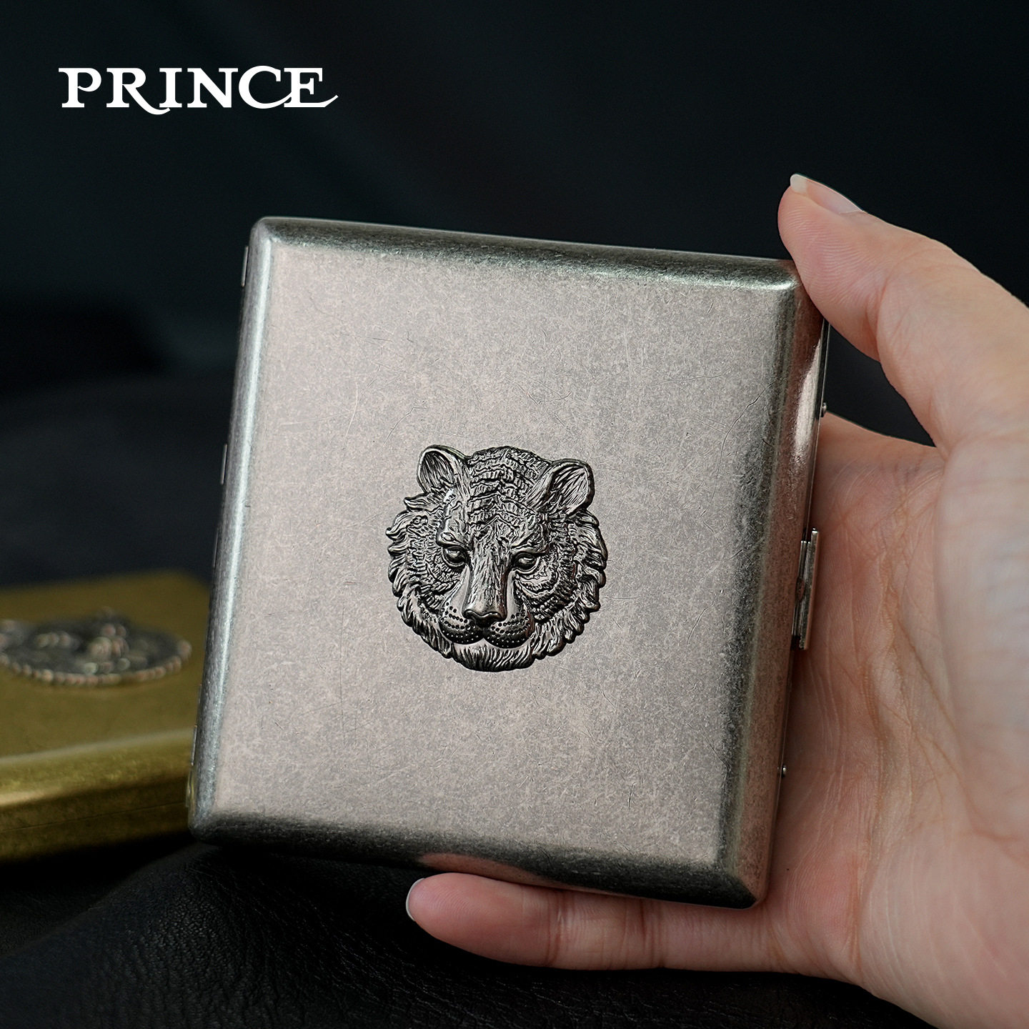 prince王子烟盒黄铜做旧工艺虎头贴章粗烟专用防压防潮创意送礼