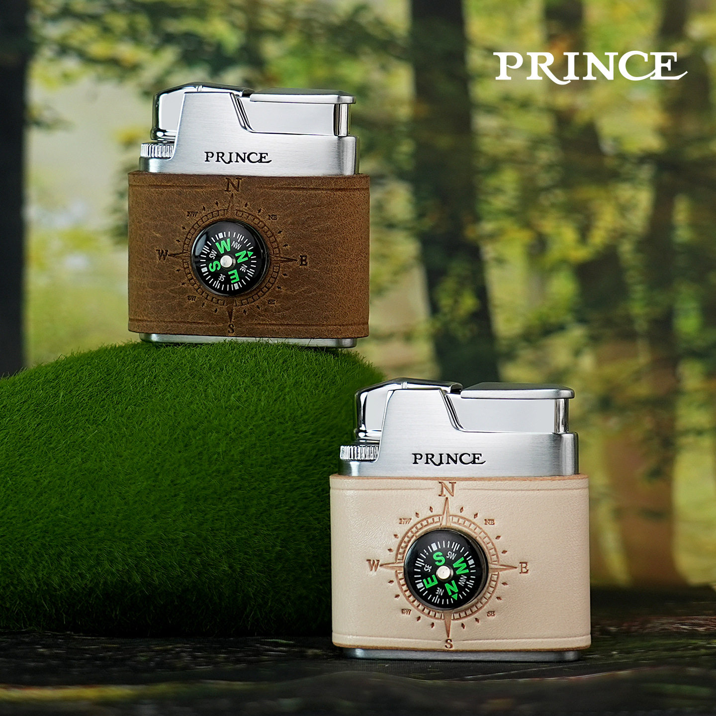 prince王子充气打火机砂轮点火户外指南针真皮缝制个性创意送礼