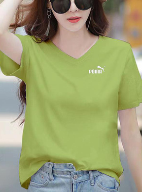 纯棉v领短袖t恤女2023新款大码半袖丅恤正肩夏季绿色上衣打底衫土