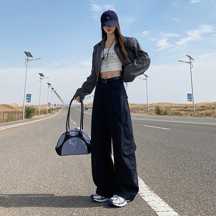 美式咖色工装裤女2025新款秋冬高腰显瘦宽松阔腿弯刀休闲拖地裤子