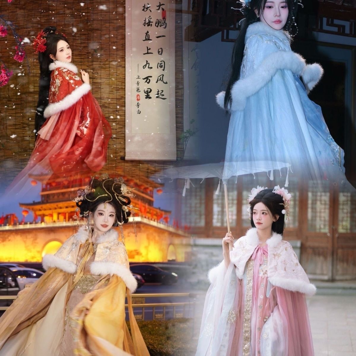 【花神斗篷】2025念涂七七原创秋冬绣花双层红黄蓝粉斗篷披风套装