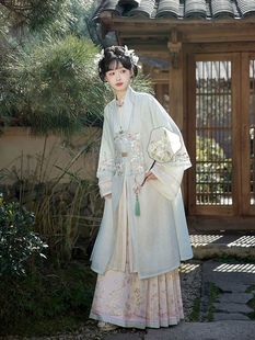 新款七月夕汉服女款薄荷新中式明制立领对襟长衫绣花合领衫马面裙