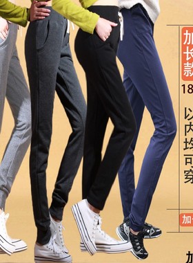 棉加薄绒运动裤女弹力收口加长款学生高腰休闲裤束脚裤浅灰色柔软