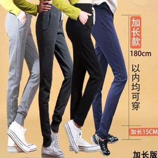 棉加薄绒运动裤女弹力收口加长款学生高腰休闲裤束脚裤浅灰色柔软