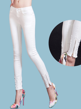 低腰白色小脚裤紧身裤脚拉链弹力破洞牛仔裤女八九分裤女小个子