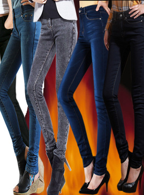 冬加长牛仔裤女深蓝加厚高个子超长加绒纯黑色小脚裤高腰黑雪花裤