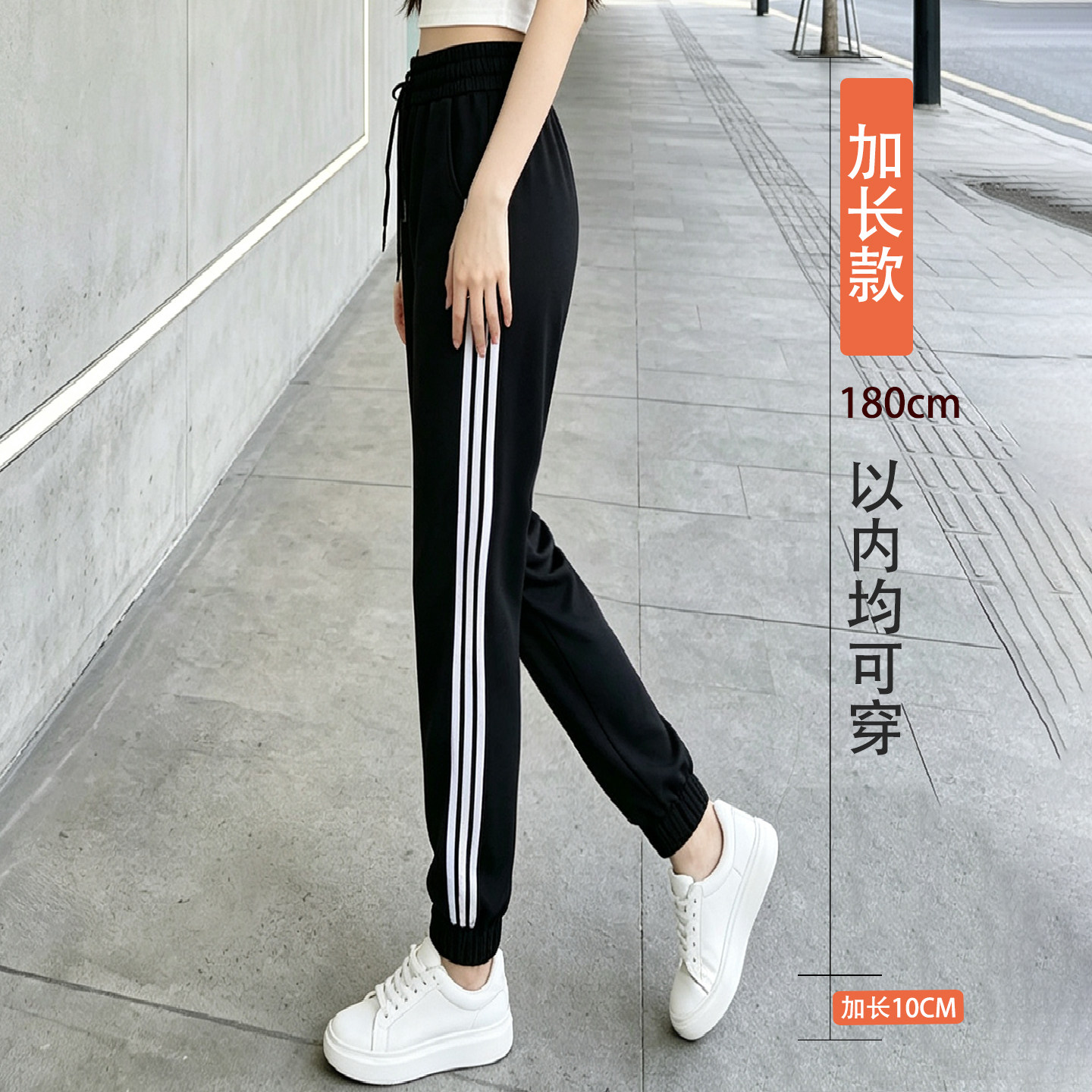 韩版学生休闲裤子收脚条纹高弹女士哈伦裤抽绳亲肤透气棉质女裤子