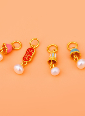 S925古法银镀金配件烧蓝珍珠滴胶纳福小滴溜手链手串DIY配件挂件