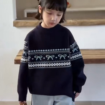 86009乔家一体绒提花毛衣童装早春款男女童加绒针织套头衫中大童
