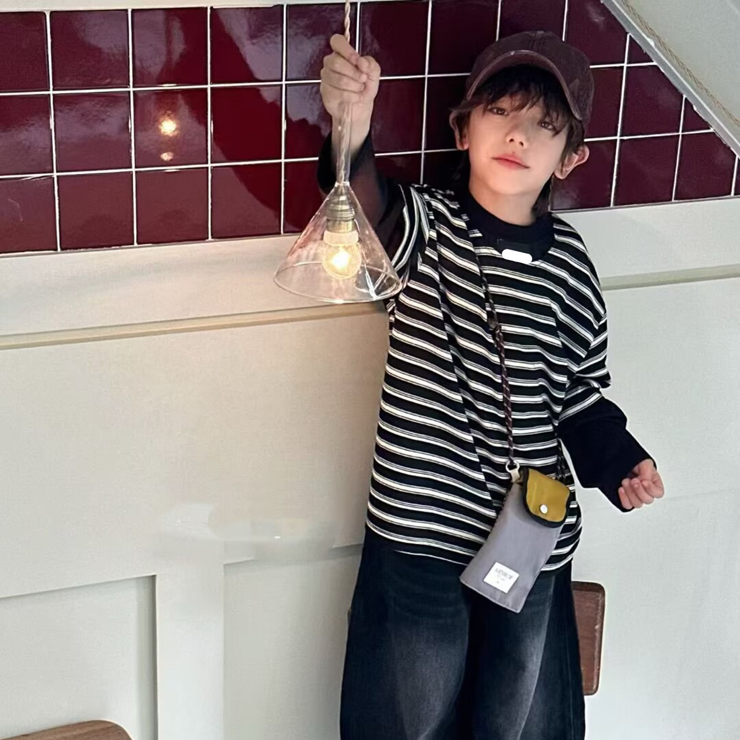 80573乔家长袖T恤衫假两件童装春款男女童条纹体恤中大童