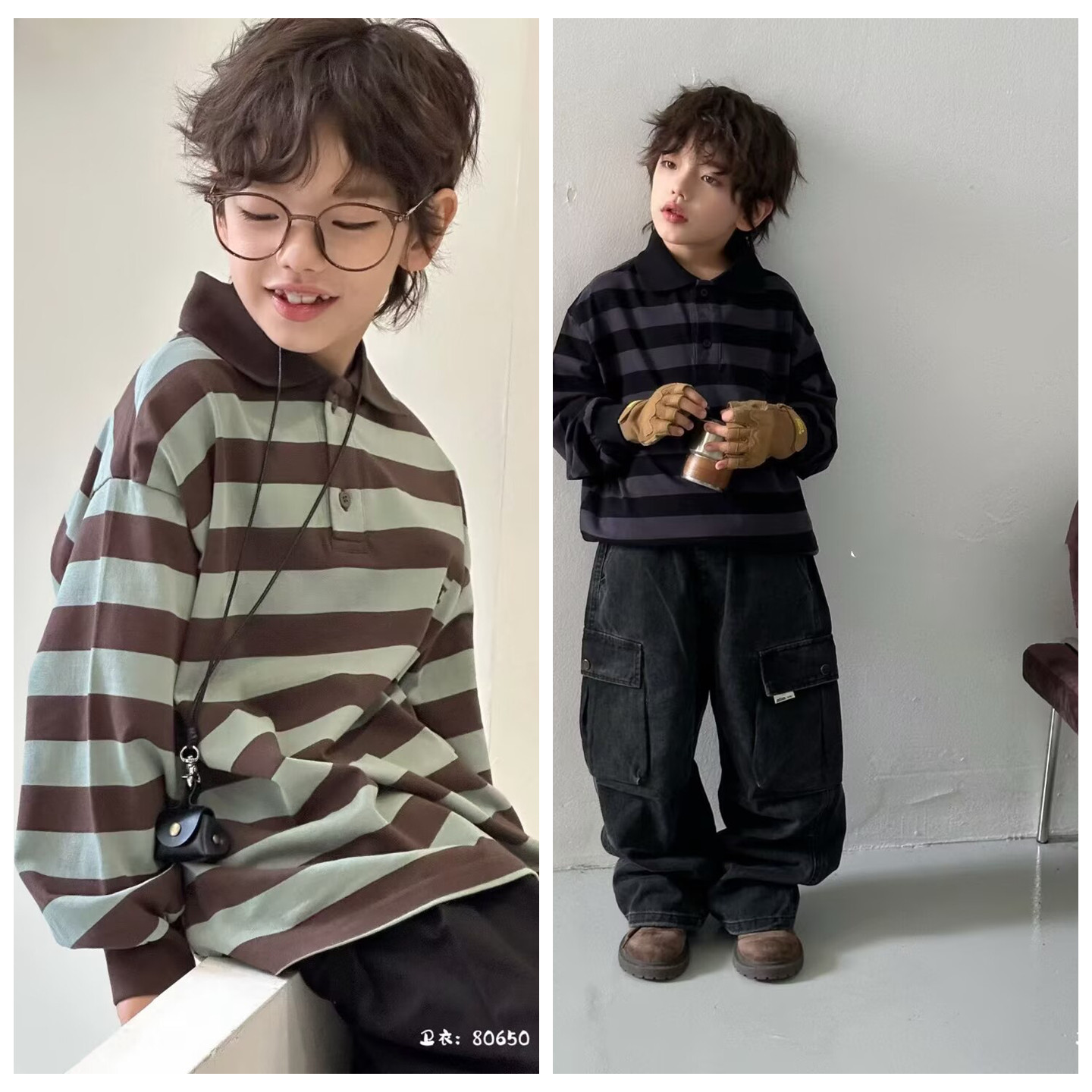 80650乔家长袖T恤衫POLO衫童装春款男女童条纹体恤中大童