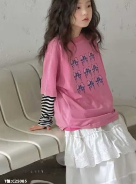25085低调家长袖T恤衫假两件童装秋款女童拼接体恤中大童