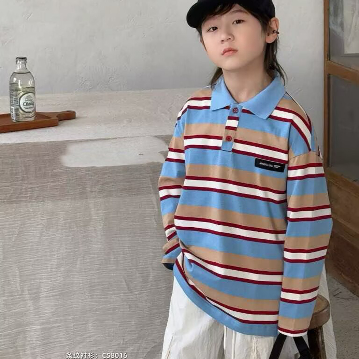 58016图家长袖POLO衫T恤衫童装春款男女童条纹体恤中大童