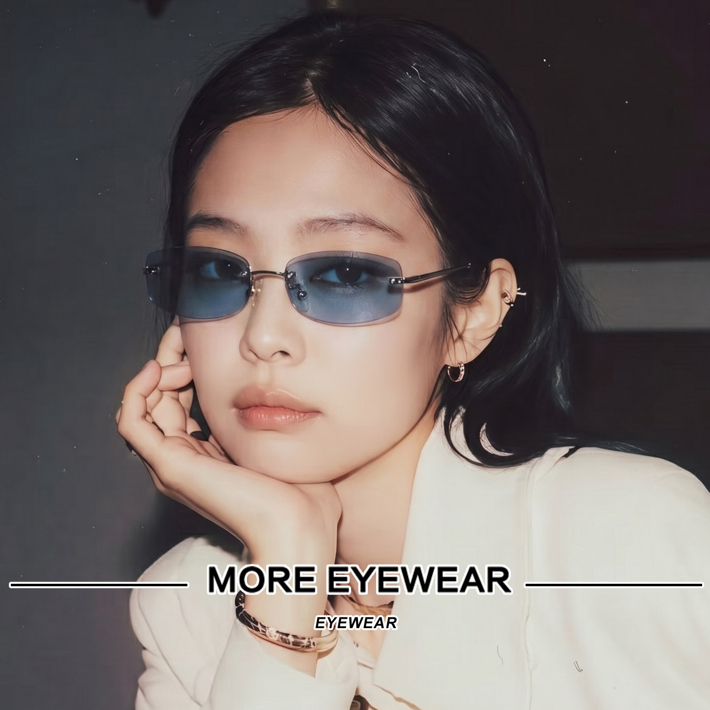 2025新品墨镜JENNIE同款冰蓝色无框复古高级感防紫外线太阳眼镜女
