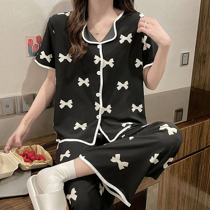 大码冰丝睡衣女短袖长裤夏季黑色蝴蝶结休闲薄款宽松200斤家居服,女士内衣/男士内衣/家居服,睡衣/家居服套装,淘宝优惠券,粉丝福利购,淘宝优惠卷