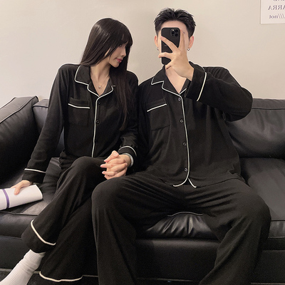 情侣睡衣长袖德绒秋冬大码男士薄绒高级感开衫翻领纯色家居服套装