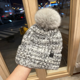 MJUK狐狸毛球针织帽女秋冬保暖显脸小灰色毛线帽冷帽百搭