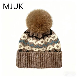 费尔岛风狐狸毛球帽女秋冬季大头围保暖针织显脸小护耳毛线帽