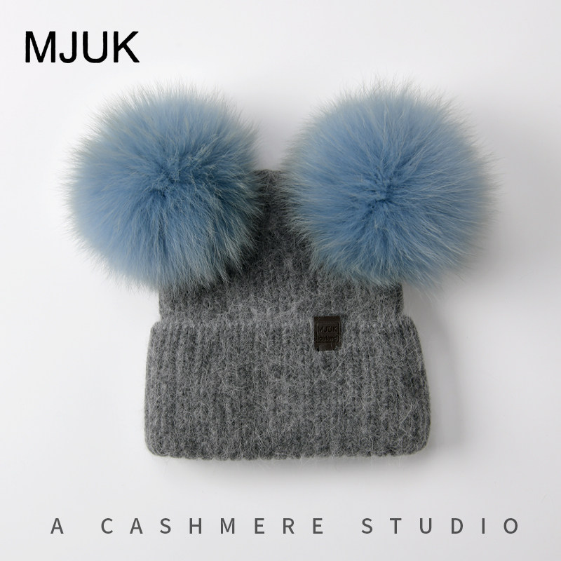 冰岛双狐狸毛球帽女冬季保暖