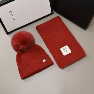 法国定制羊毛M标狐狸毛球帽子女冬针织保暖加厚围巾帽子儿童套装