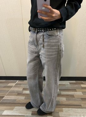 复古直筒水洗灰色牛仔裤潮牌美式高街阔腿宽松牛仔裤男女QW78