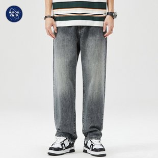 宽松街头嘻哈直筒滑板裤 男大码 QW69 做旧水洗复古牛仔裤 美式