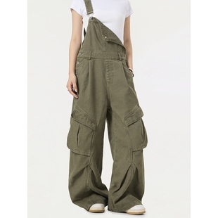 QW79 男女可穿街头风宽松阔腿背带裤 复古水洗多口袋工装 裤