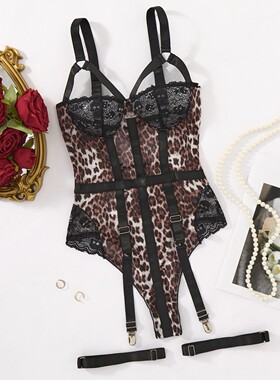 Leopard-Print Lace Mesh Strappy Sexy Bodysuit Fitted Underwe