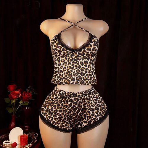 Leopard print two-piece camisole pajamas set with lace trim,