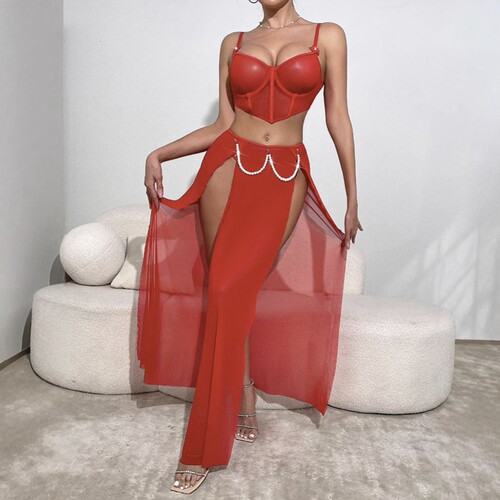 Sexy lingerie, sexy perspective mesh slit long skirt, split