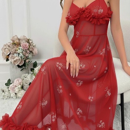 2026 New Foreign Trade Sexy Flower Strap Mesh Dress Dress