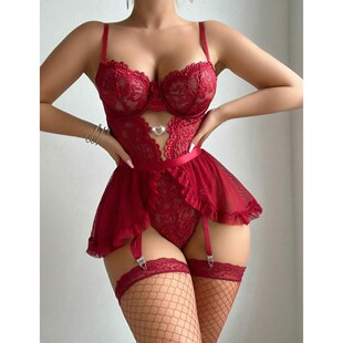 Women's Lace Bodysuit with Tulle Ruffled Skirt Lingerie Set
