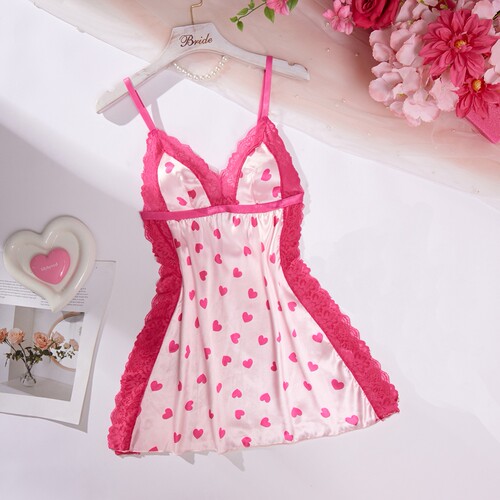 Large size camisole nightgown with lace patchwork print dres