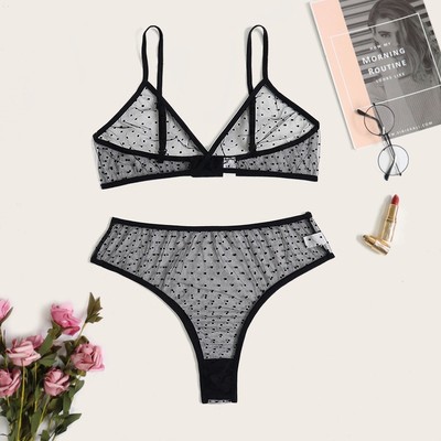 Three-piece mesh camisole set with high-waisted polka-dot sh