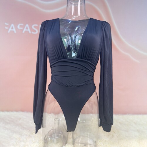 Long Sleeve Deep V Waist Cinching One-Piece Swimsuit